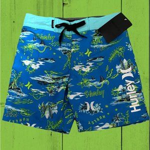 NWT-Hurley Boys SZ: 7 Neptune Blue Island Board Shorts Swim Trunks -Adj. Waist